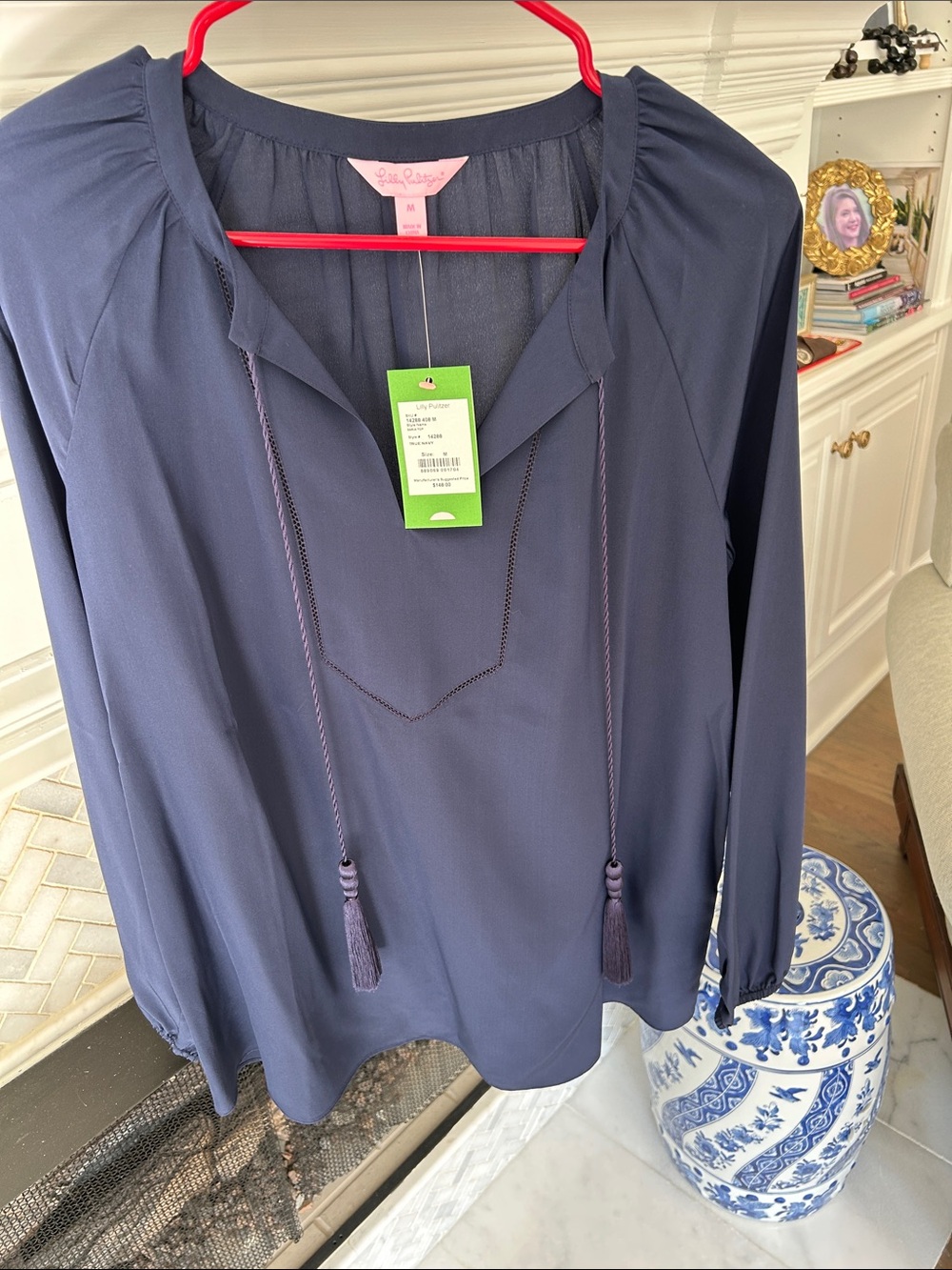 Lilly Pulitzer Navy Tassel Tie Saria Silk Top